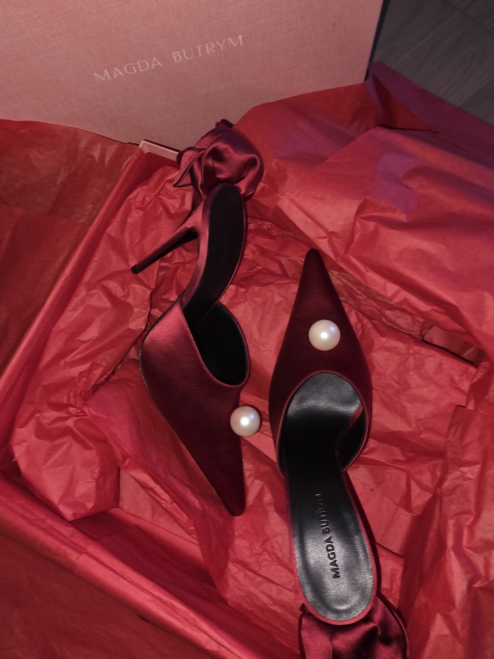 Magda Butrym Burgundy Satin Pearl-Embellished Pointed Slingbacks